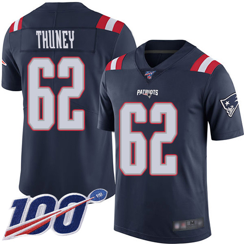 New England Patriots Football #62 100th Season Rush Vapor Limited Navy Blue Men Joe Thuney NFL Jersey